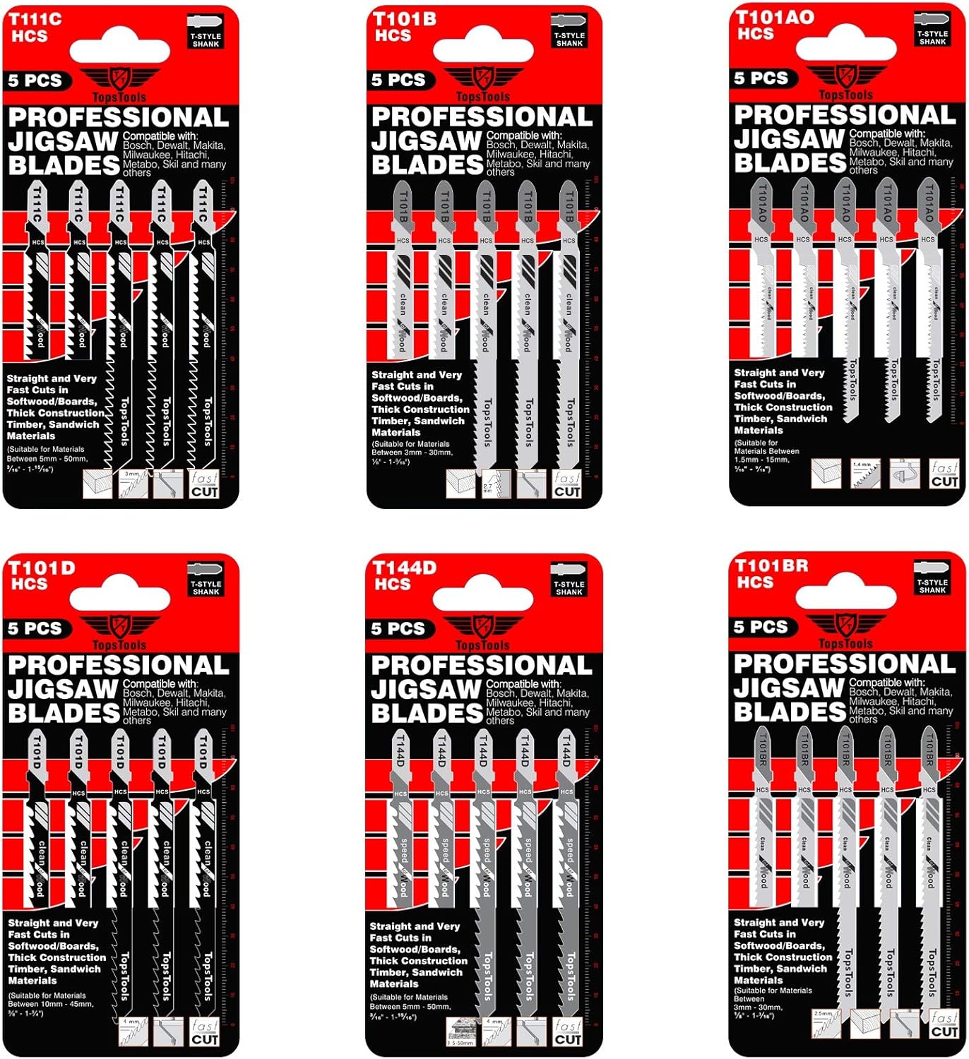 30 x TopsTools JSTTK6A T101B T101BR T101D T101AO T111C T144D Mixed Jigsaw Blades, Black