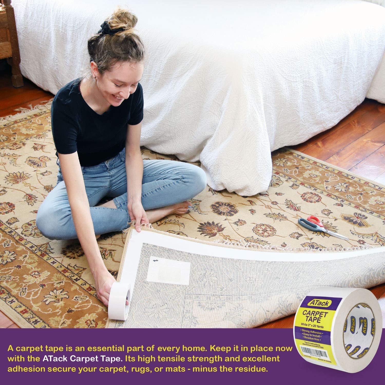 ATack Carpet Tape for Area Rugs and Carpets, Removable, 3 Inches x 20 Yards, Ideal for Stair Treads, Rugs, Carpets Over Carpets or Delicate Hardwood Floors - - 
