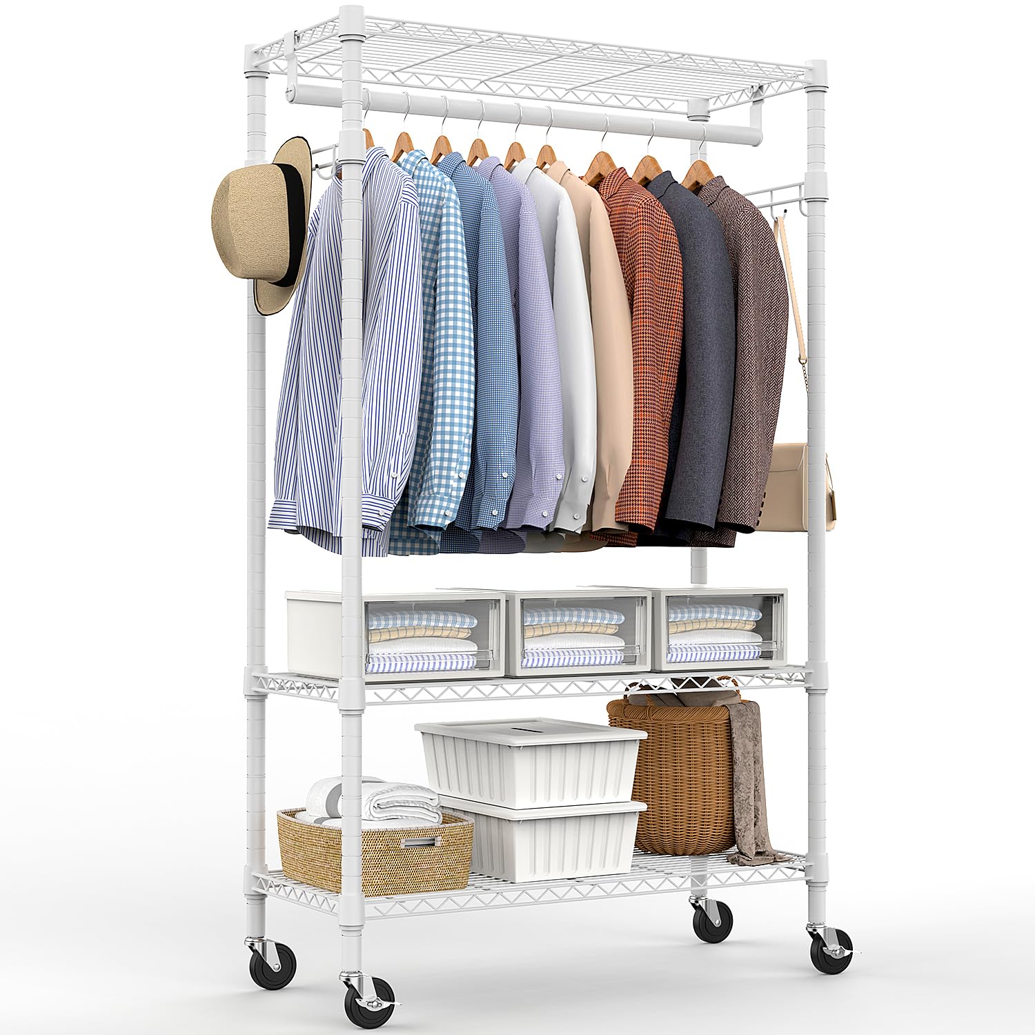 M MZG Heavy Duty Rolling Garment Rack 3 Tiers Adjustable Wire Shelving Clothes Rack with Rods and Side Hooks,Storage Closet Clothing Rack with Wheels White 15.7" D x 29.5" W x 74.5" H Image