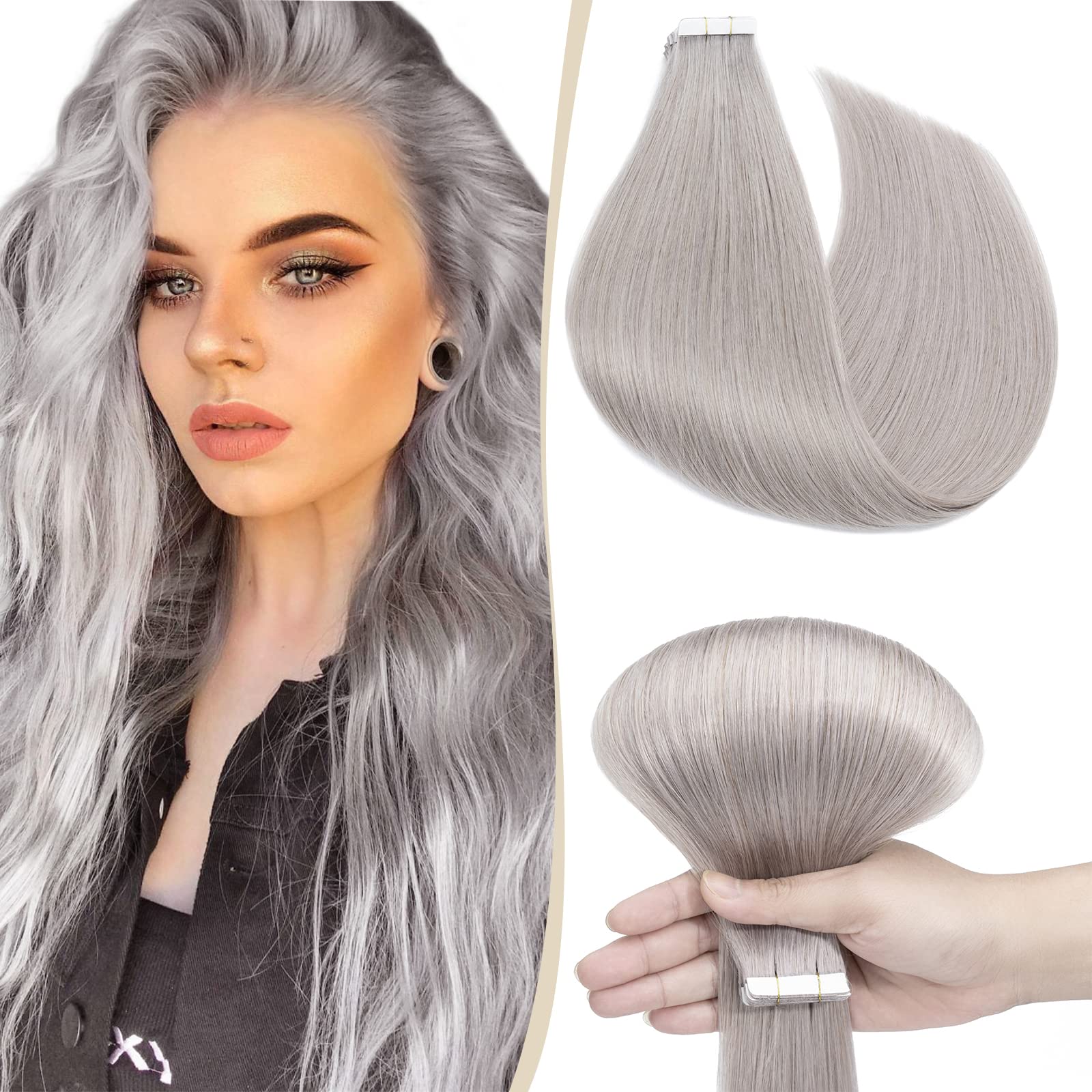 20" SEGO Tape in Hair Extensions Human Hair [10PCS*2.5g] #Grey 100% Remy Real Hair Pieces for Women Invisible Skin Weft Straight (25g) — image 1