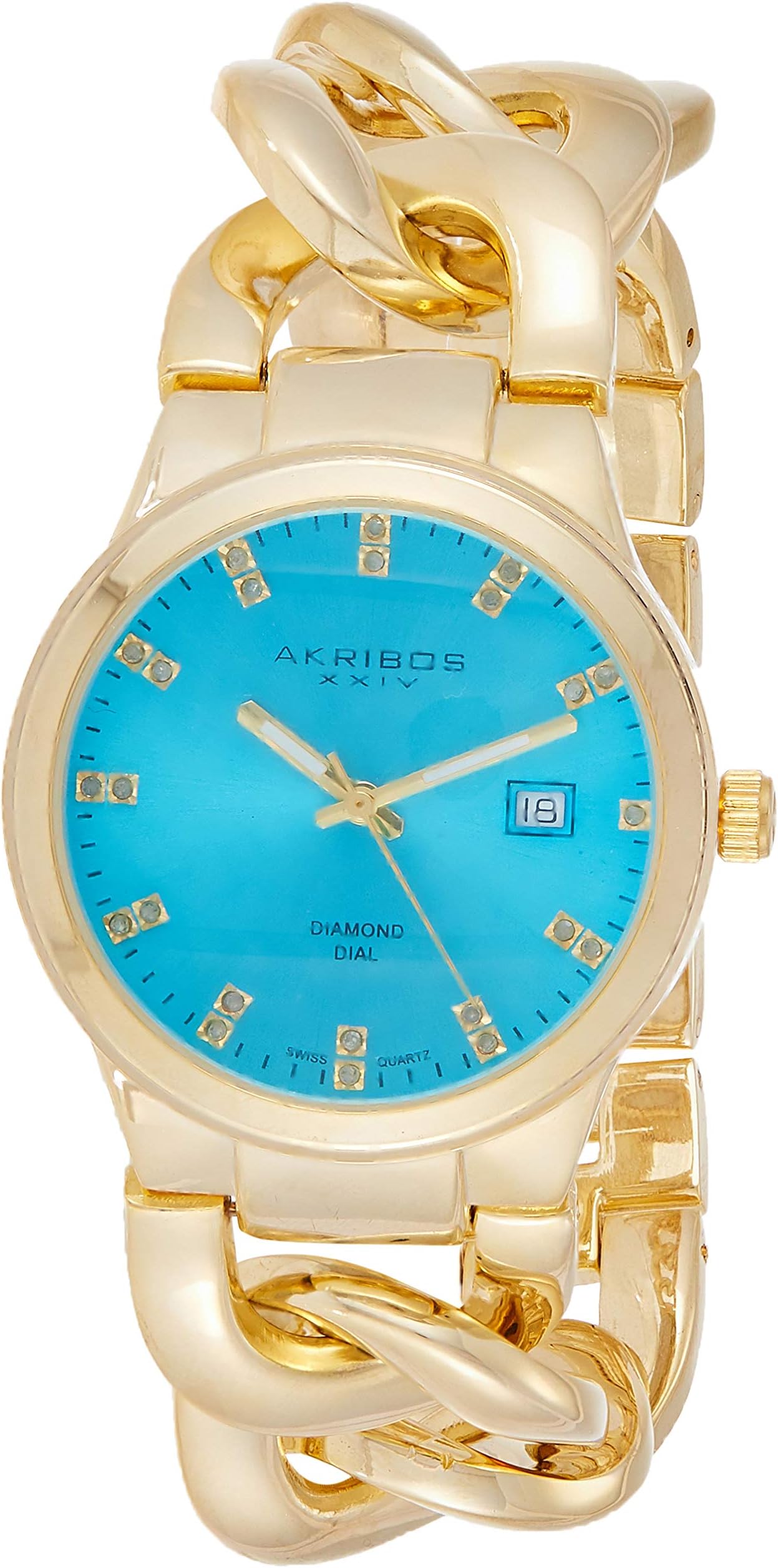 Akribos XXIV Women's Double Diamond Hour Markers Watch - Swiss Quartz Movement with Sunburst Effect Dial and Twisted Chain Bracelet - AK759