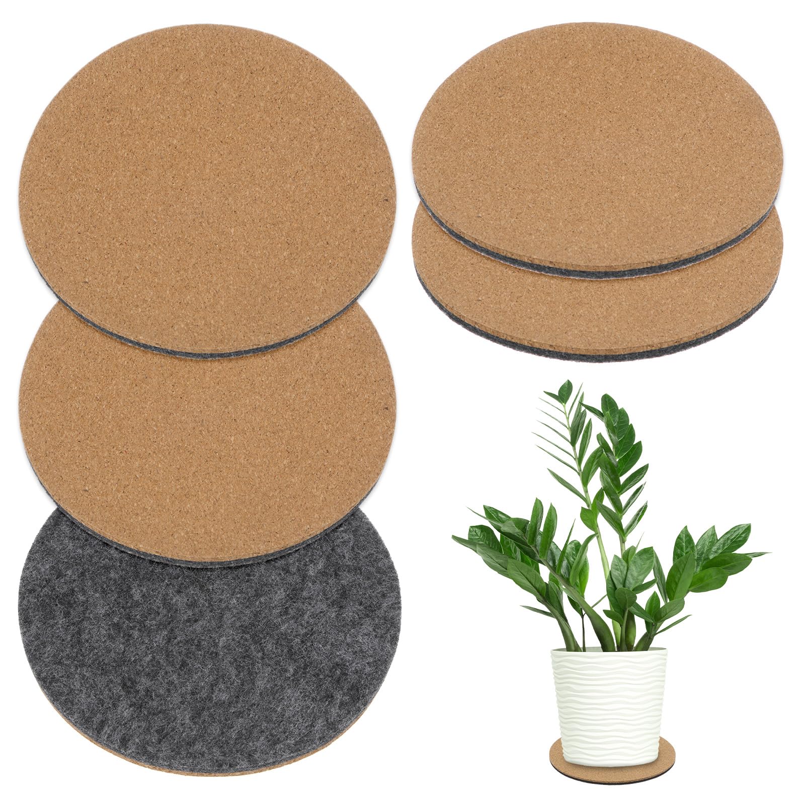 M METERXITY 5-Pack Cork Plant Coasters, 4 Inch Fabric Plant Mat Cork Pads for Plants/Plant Coaster Mat for Indoors Outdoors/Plant Cork Mats for House Plants [Grey]