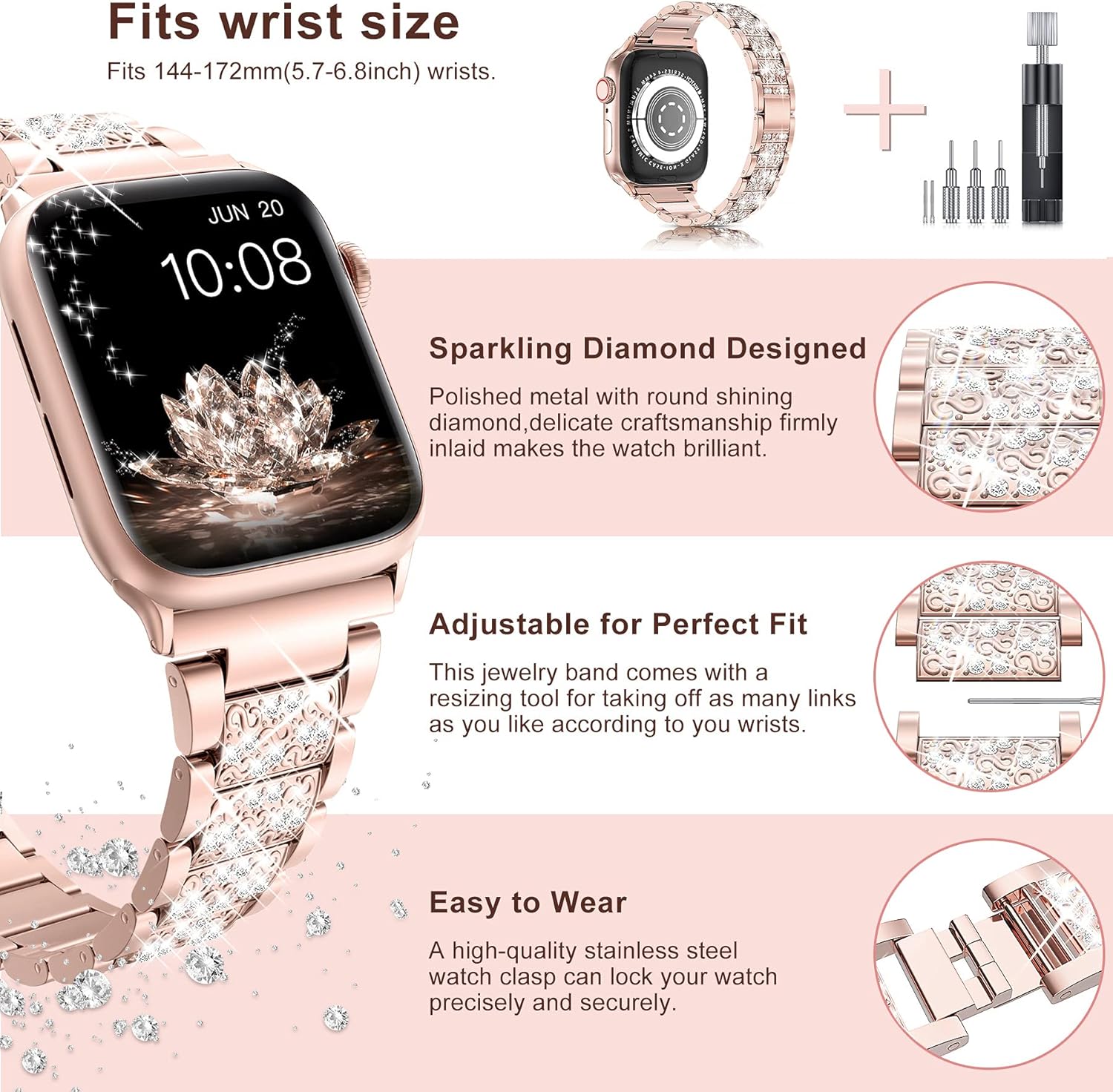 LELONG for Apple Watch Band 38mm 40mm 42mm 44mm SE Series 6 Series 5 4 3 2 1, Bling Replacement Bracelet iWatch Band, Diamond Rhinestone Stainless Steel Metal Wristband Strap