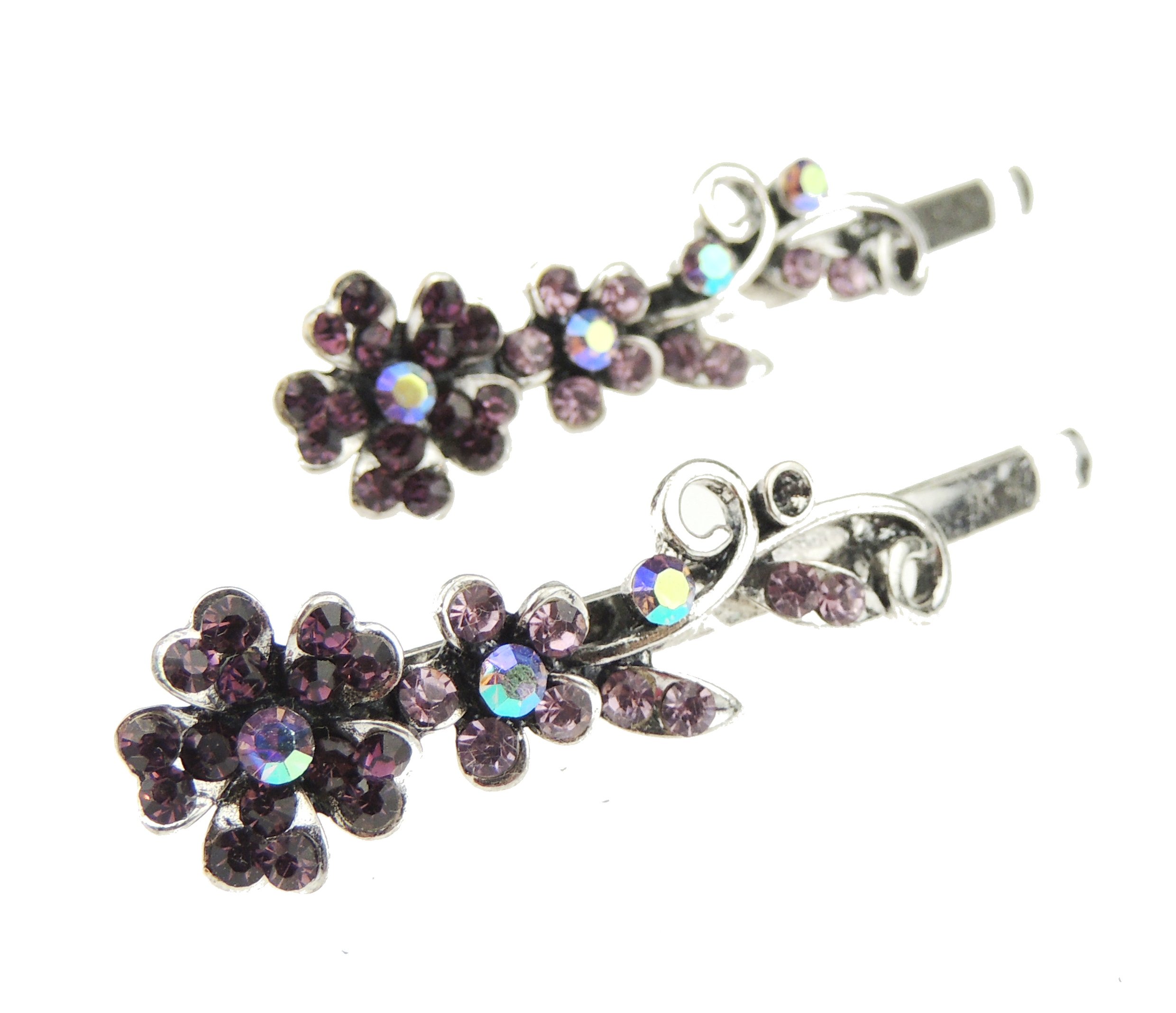 Womens Silver Tone Sparkly Bow Rhinestone Jeweled Crystal Diamante Party Birthday Christmas Bridal Wedding Slides Hairpin Hair Clips Grips Bobby Pins Set of 2 Flower Floral (Purple)
