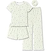 Beezizac 4-pc Girls Pointelle Knit Button Down Pajama - Floral/Bow Lettuce Trim Tee Shorts Pants Hair Tie PJs Sizes 6-18