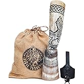 Norse Tradesman Genuine 12" Ox-Horn Viking Drinking Horn with Exquisite Hand Engraved Wolf & Celtic Knot, Black Leather Belt Holster, Fitted Stand & Burlap Gift Sack Included - Wolfsbane, 12-In