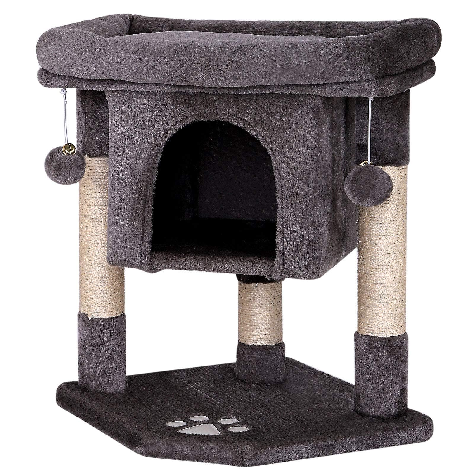 lionto Scratching tree for cats with cave & 2 plush balls incl. bells, height 60 cm, cat tree with robust sisal rope & soft plush, cozy lying surface, for small & large cats, dark grey