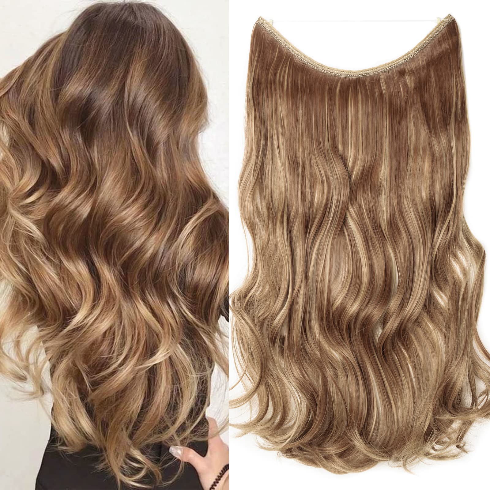 Secret Headband Wire in Natural Hair Extensions Rubber Band Straight Curly Wavy Hairpieces Brown Blonde Ombre for Women 20" Curly - Light Brown & Ash Blonde