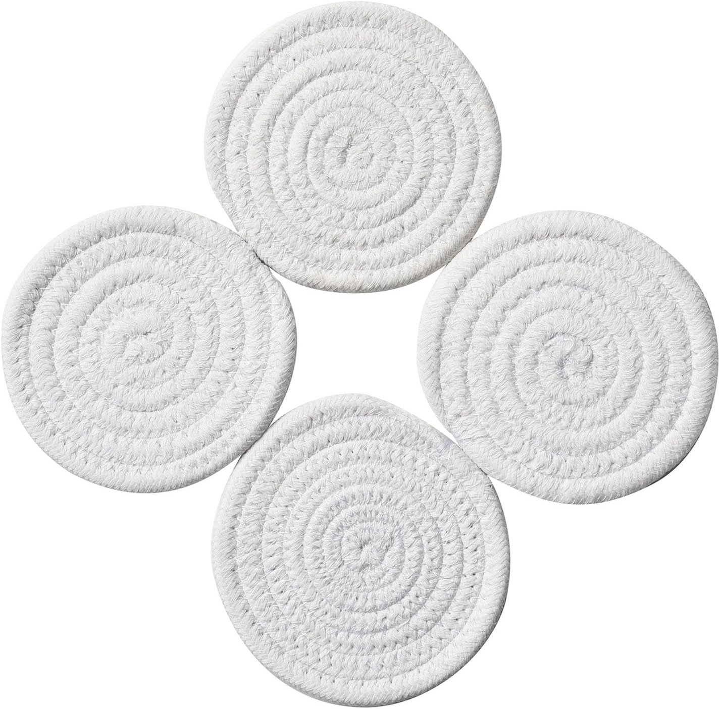 Coasters Set, Pure Cotton Thread Weave Round Drink Hot Pads Mats Coasters Set of 4 by 4.3 Inches Protect Furniture From Excess Condensation & Scratch (White)