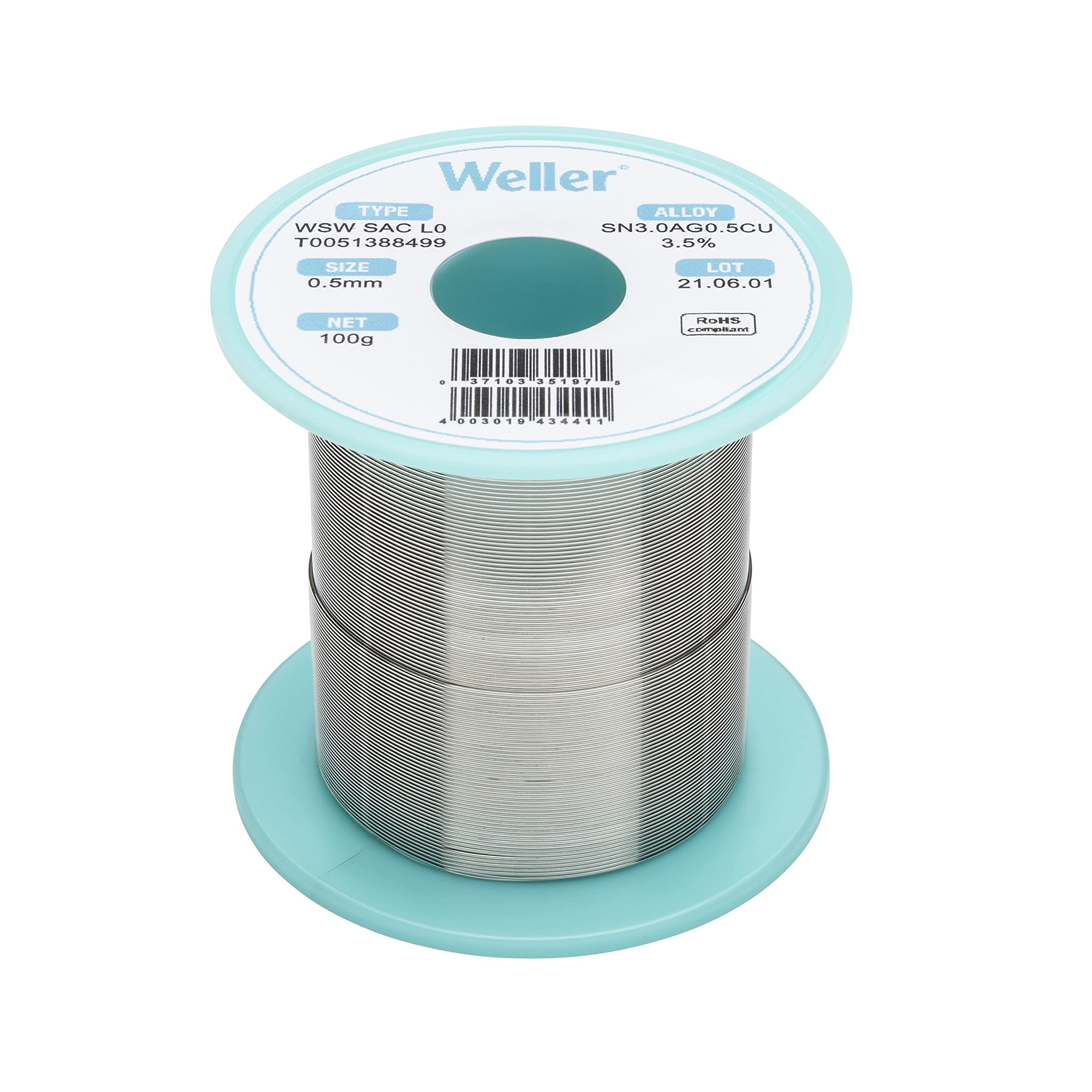 Weller WSW SAC L0 (T0051388499) Lead Free Solder Wire, Ø 0.5mm, Alloy Sn96.5Ag3.0Cu0.5, Flux content 3.5%, 100g