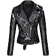 Bellivera Faux Leather Jacket for Women Studded Rivet Floral Moto Biker Short Lapel Coat