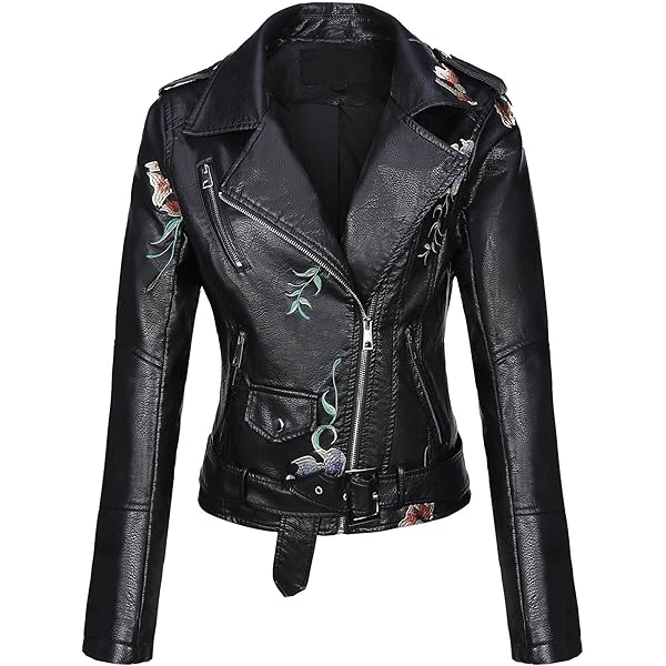 YILANUOYI Women's Embroidered Studded Faux Leather Jacket Moto