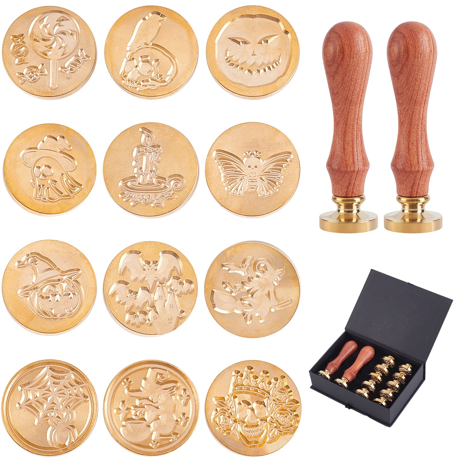 CRASPIRE Halloween Wax Seal Stamp Set 12Pcs 25mm Removable Brass Heads with 2Pcs Wooden Handles Kit Wedding Invitation Envelopes Bat Crow Skeleton Pumpkin Ghost Spider Web Witch