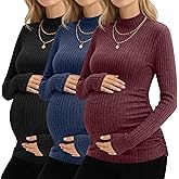Neer 3 Pack Women's Maternity Tops, Pregnant Long Sleeve Sweaters Mock Turtleneck Pregnancy Shirts Ribbed Knit Mama Clothes