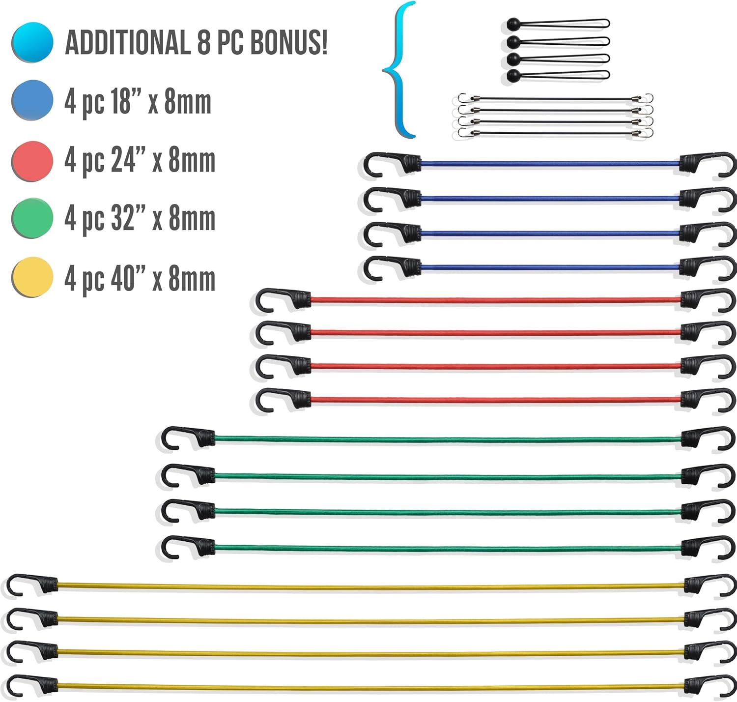 Starling's Bungee Cords with Hooks – Heavy Duty Bungie Straps Assortment Set of 24 100% Latex – Elastic Stretch Cord, Pull Ropes for Motorcycle Truck Car Trailer Camper Bike W/Bungees Ball-Canopy Tie: Automotive