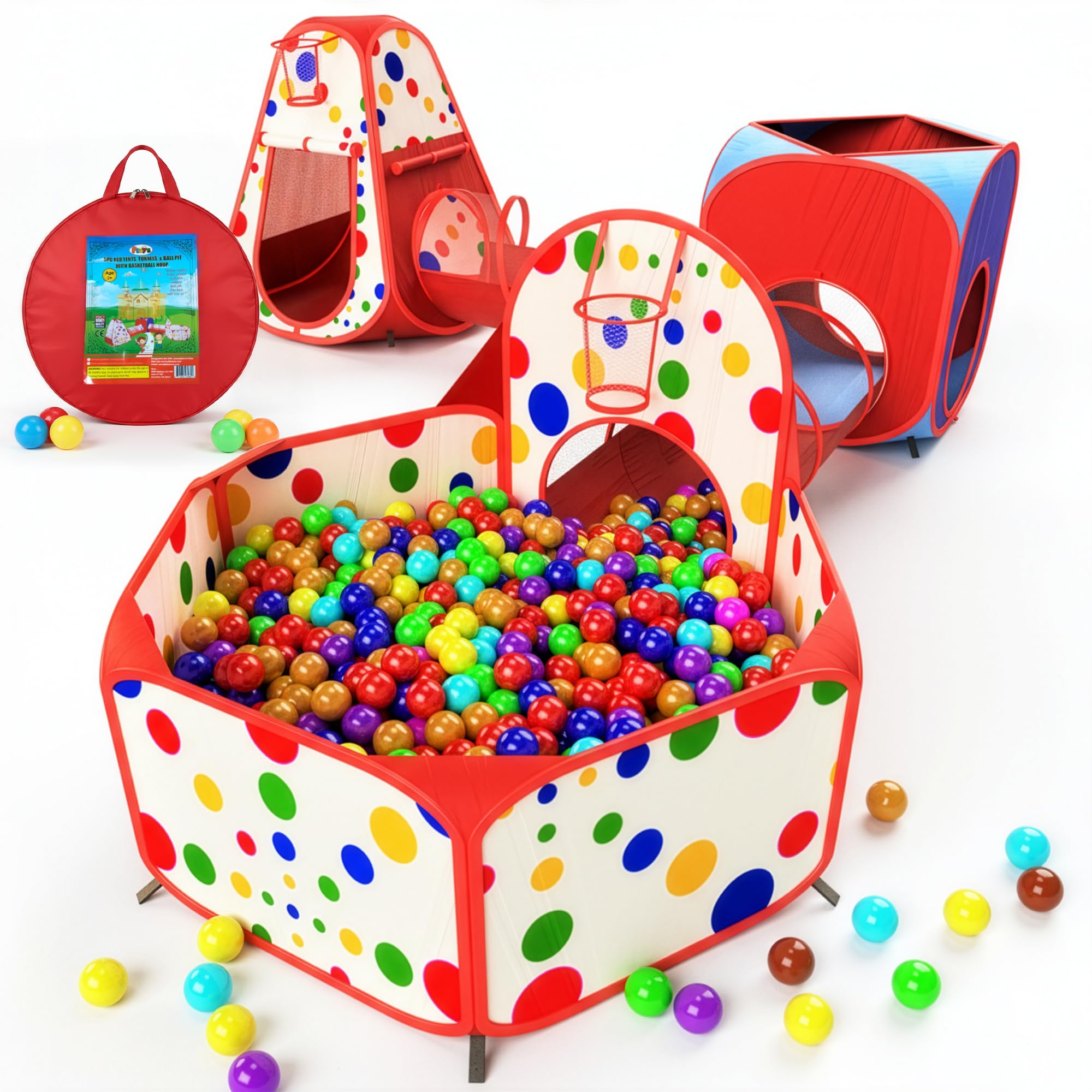 Photo 1 of Playz 5-Piece Kids Play Tents Crawl Tunnels and Ball Pit Popup Bounce Playhouse Tent with Basketball Hoop for Indoor and Outdoor Use with Red Carrying Case