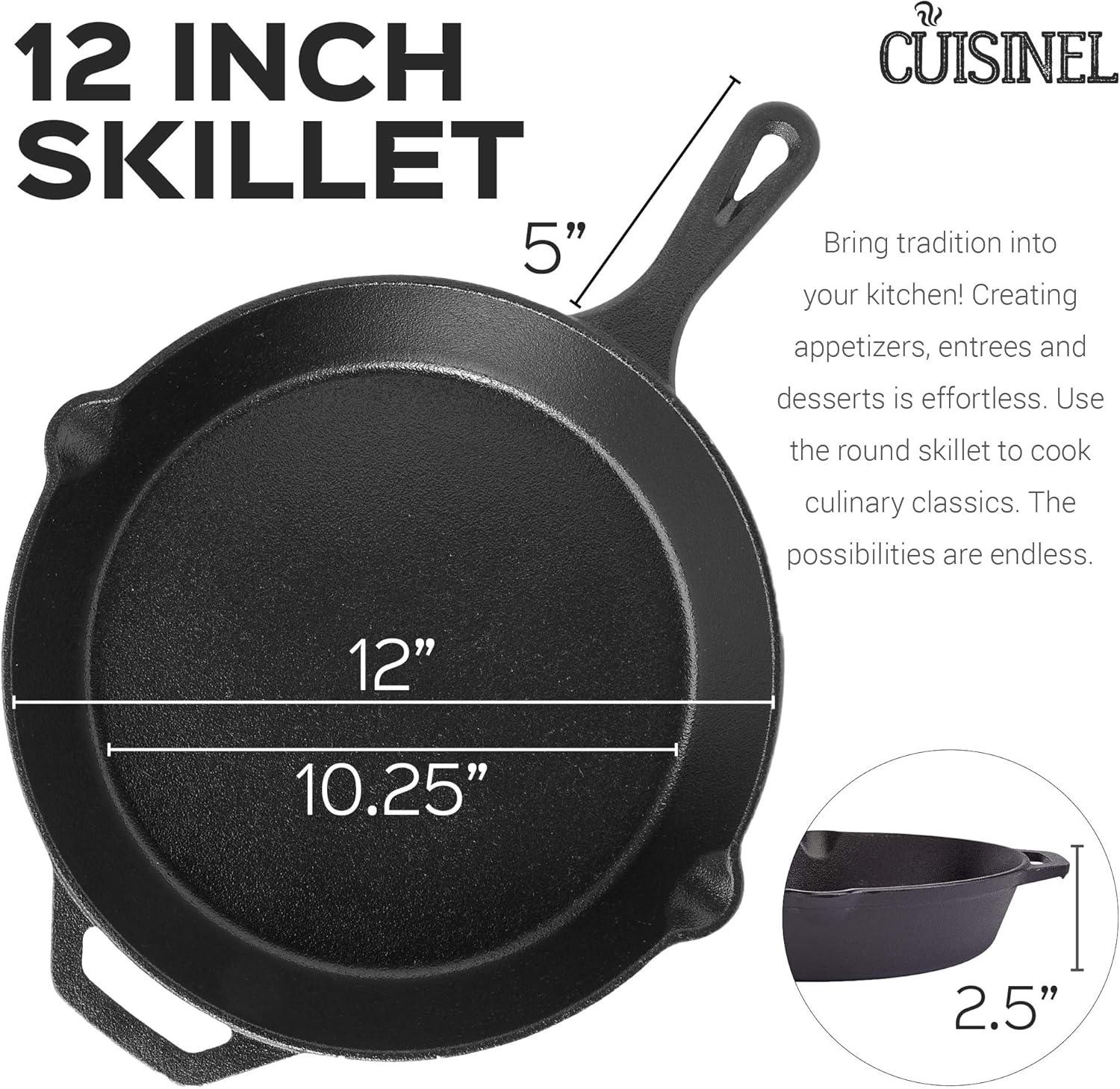 Pre-Seasoned Cast Iron Skillet (12-Inch) with Glass Lid and Handle Cover Oven Safe Cookware - Heat-Resistant Holder - Indoor and Outdoor Use - Grill, Stovetop, Induction Safe: Kitchen & Dining