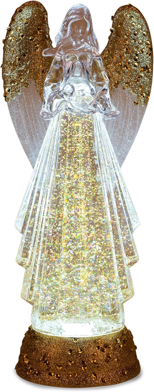 Collectible Figurines - Roman 12.75-Inch Lighted Swirl Angel with Gold Wings Confetti Lites – USB-Powered Tabletop Christmas Decoration – Sparkling Holiday Accent with LED Lights