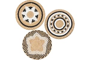 Glenmal 3 Pcs Boho Wall Basket Decor Decorative Bulrush Woven Basket Wall Decor Art Farmhouse Handmade Hanging Baskets with African Design for Living Room Display Table Settings Kitchen Home(Vivid)