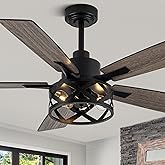 52" Farmhouse Ceiling Fan with Lights and Remote,Ceiling Fan with Caged Rustic Light Fixture,Reversible DC Motor,5 Double Fin