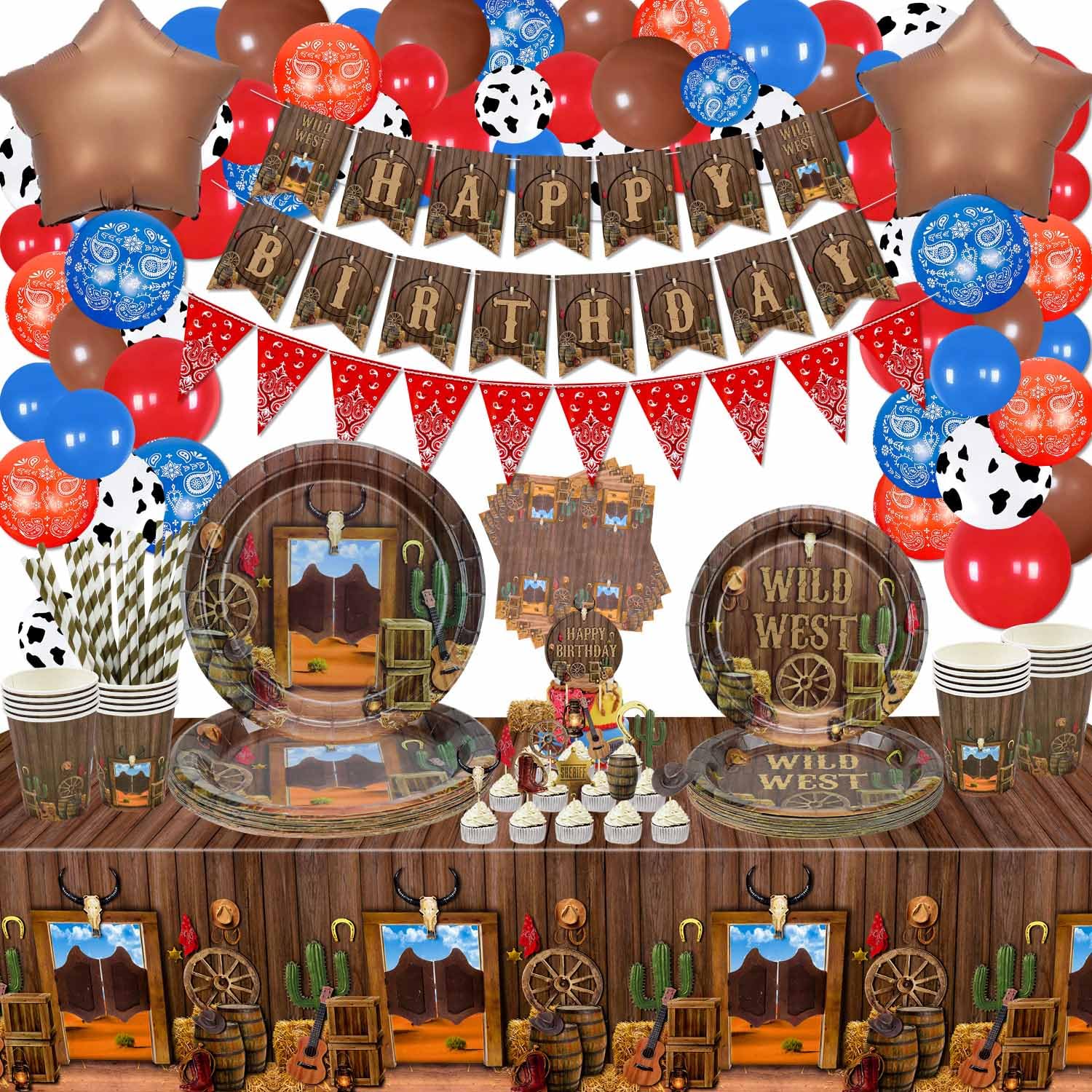 Hegbolke Cowboy Party Decorations - Western Cowboy Theme Party Decorations Including Plates, Napkins, Banners, Western Tablecloth, Balloons, Cupcake Toppers - Serve 20 (GTZ110)
