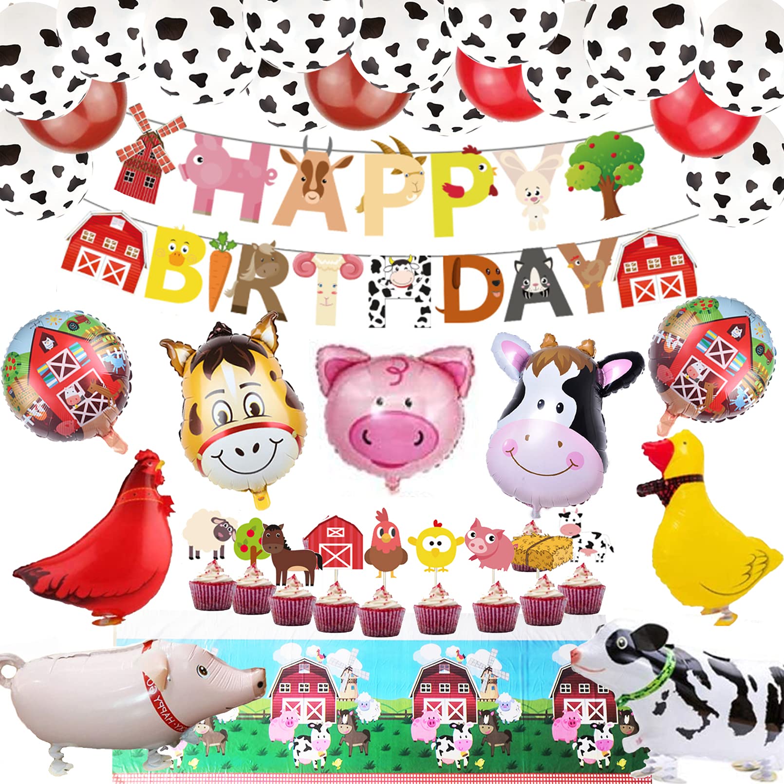 Finypa Farm Animal Birthday Party Supplies - Animal Print Banner, Balloons, Cupcake Toppers, Table Covers & Walking Balloons - Black, White, Red, Blue, Green, Brown - 79 Pieces
