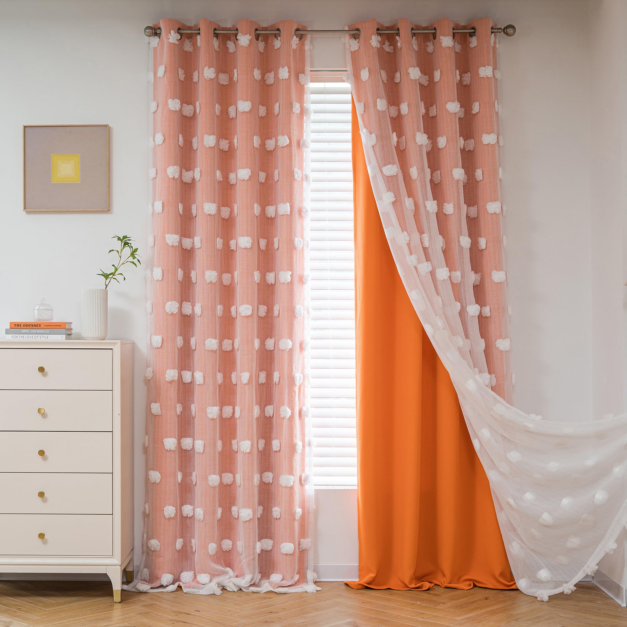 Photo 1 of MYSKY HOME Orange Blackout Curtains for Living Room Girls Bedroom Double Layer Curtains Nursery Kids Room 84 Inch Long Curtains White Pom Pom Sheer Grommet Room Darkening Window Curtains, 52" x 84"