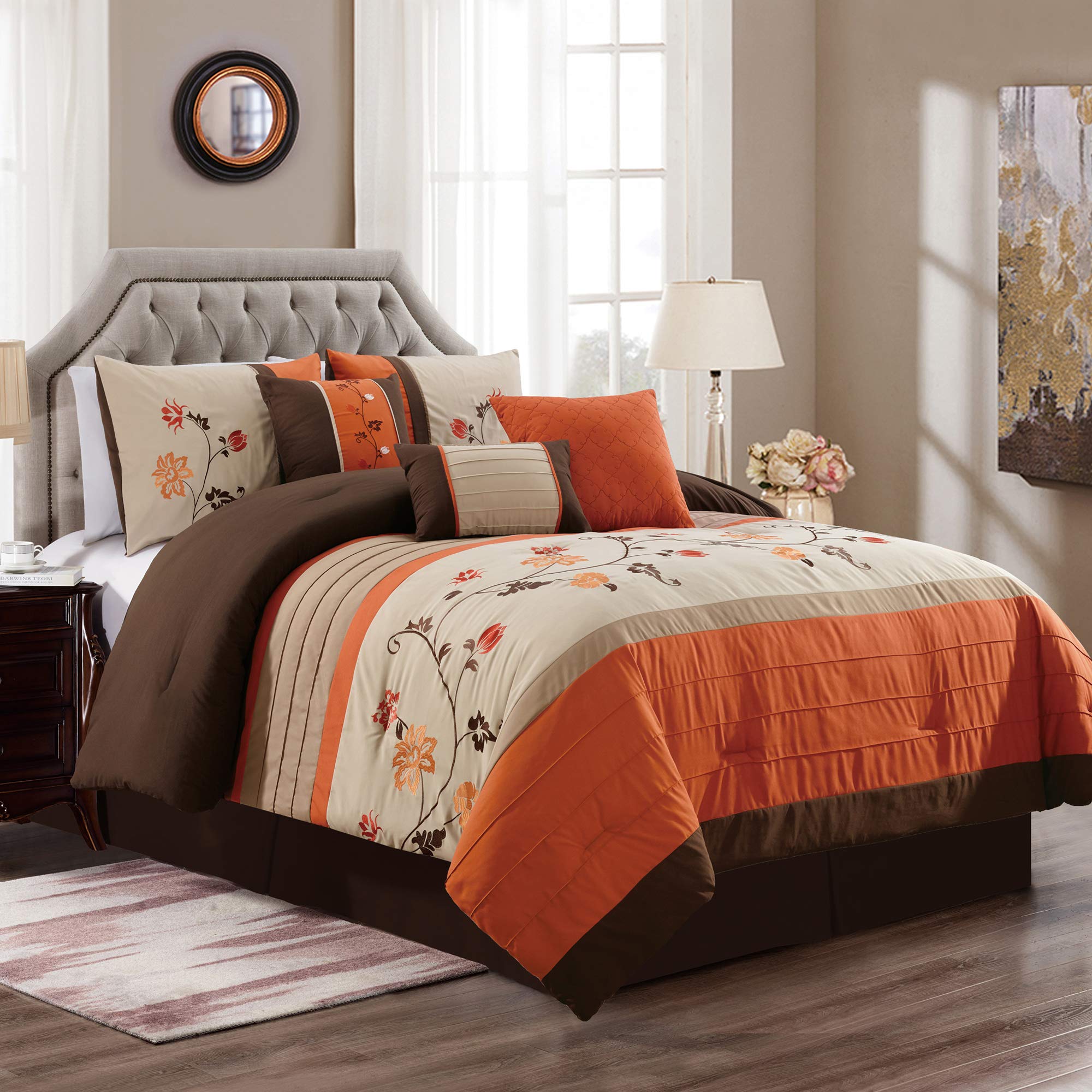 Photo 1 of  used Chezmoi Collection Serene 7-Piece Luxury Autumn Floral Embroidery Comforter Set, King, Orange/Brown/Taupe