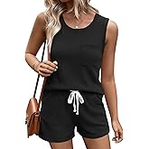 Ekouaer Two Piece Summer Outfits 2 Piece Sets Cruise Lounge Set Sleeveless Tank & Shorts Pajama Set with Pockets