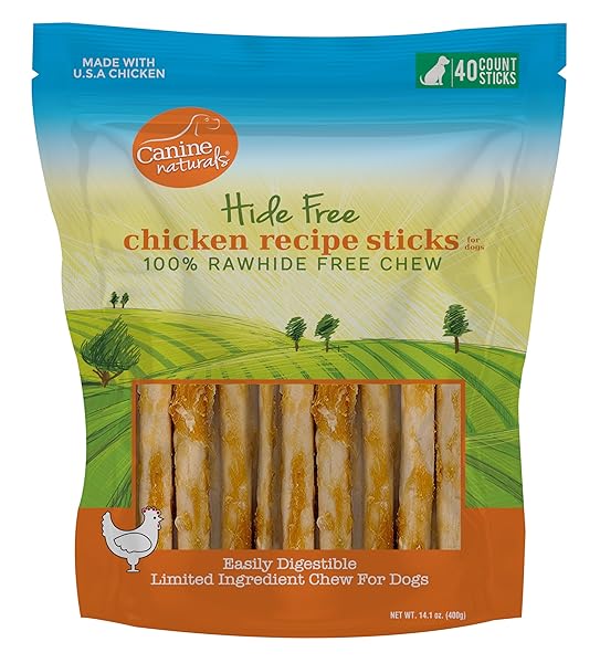CANINE NATURALS CHICKEN RECIPE CHEW – RAWHIDE FREE DOG TREATS – MADE FROM USA RAISED CHICKEN – ALL-NATURAL AND EASILY DIGESTIBLE – 40 PACK OF 5 INCH STICK CHEWS