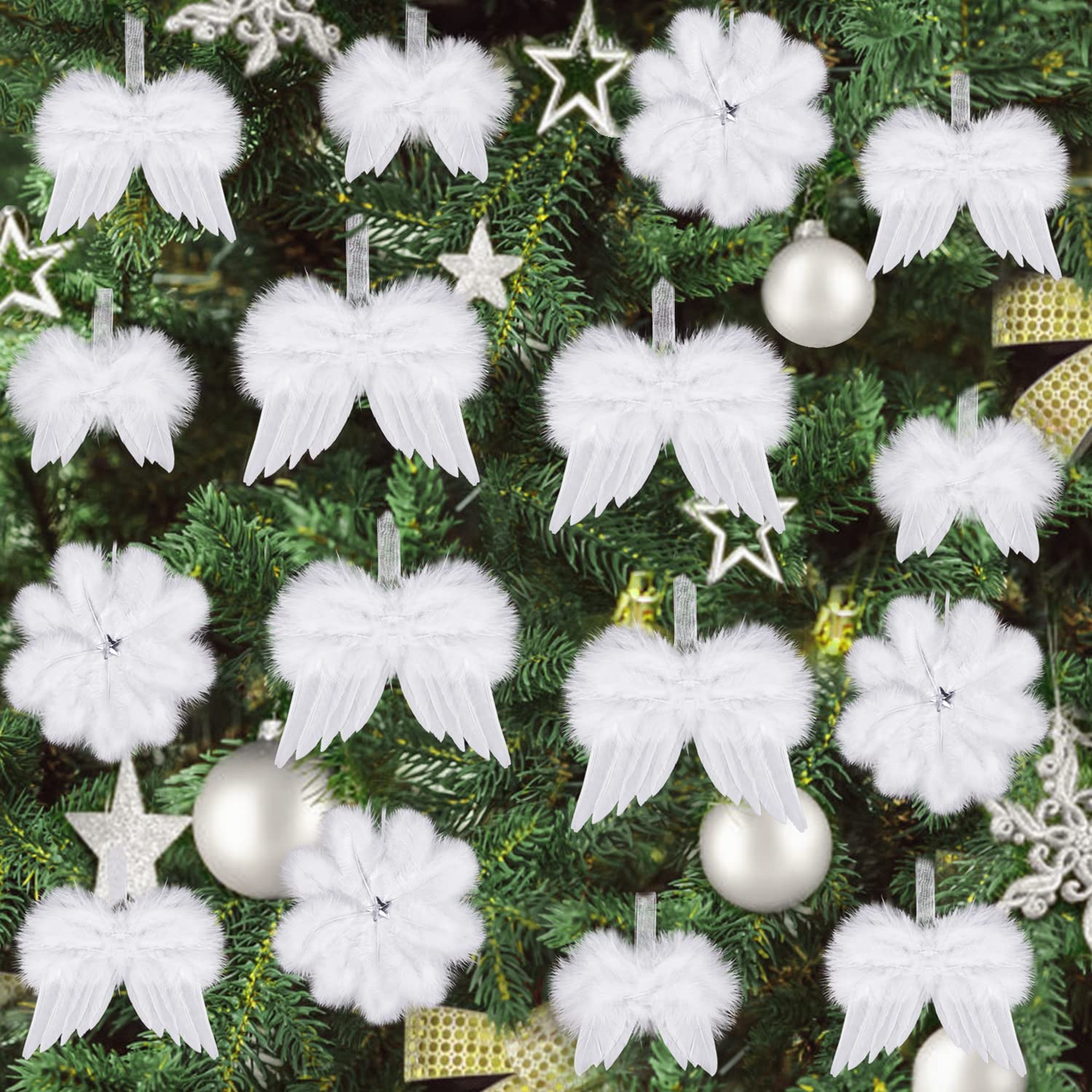 Esvitto Christmas Tree Decorations, 16 Pcs Personalised White Angel Feather Wings Hanging Christmas Ornaments Set for Xmas Wedding Festival Home Party Event