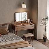 DONGMUWUJEE Solid Wood Vanity with Mirror and Lights, Adjustable Brightness, Wood Makeup Vanity with 3 Drawers, Semi-Assemble