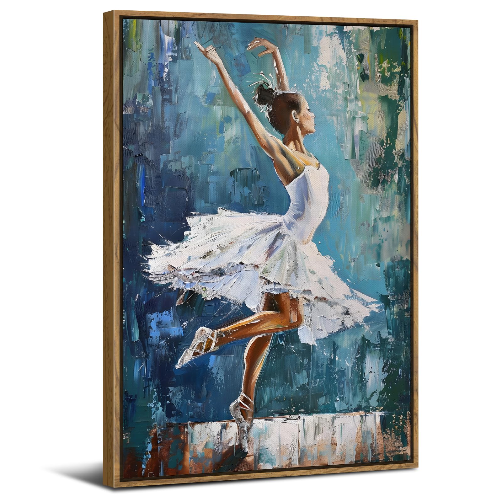 Vintage Ballerina Girls Wall Art Wooden Framed Canvas Picture for Bedroom Living Room Abstract Elegant Ballet Dancer Painting Prints Watercolor Poster Artwork Home Decorations 12x16” Ready To Hang