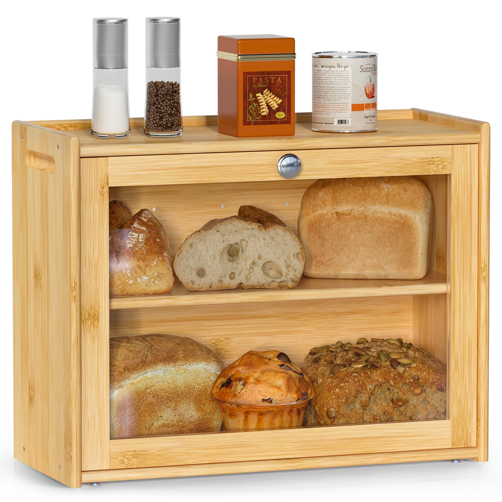 Photo 1 of **POSSIBLY FOR PARTS / UNKNOWN MISSING PIECES OR DAMAGES*** Bread Box for Kitchen Countertop, Double Layer Bamboo Large Capacity Bread Storage with Transparent Door, Easy Carry Breadbox for Cabinet, Pantry, Office Bread Container (Natural)
