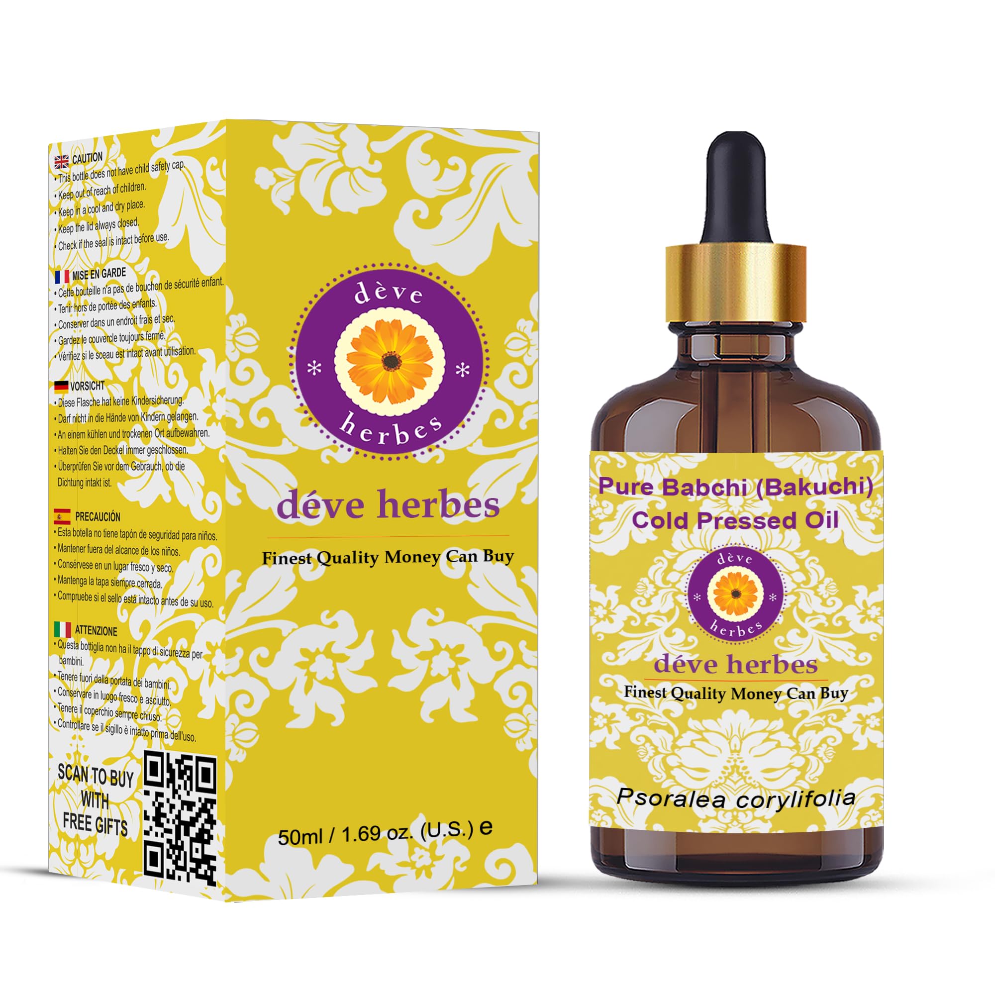 Deve Herbes Pure Babchi Oil (Psoralea corylifolia) with Glass Dropper Cold Pressed Natural Therapeutic Grade 50ml (1.69 oz)