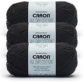 Caron All Day Cotton Yarn for Crocheting, Black, 3-Pack | #4 Worsted Yarn, 100% Mercerized Cotton, Soft Crochet Yarn for Knitting, Amigurumi &amp; Crafts, 173yds, 100g/3.5oz per skein
