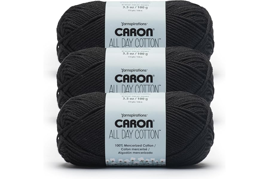 Caron All Day Cotton - 3 Pack of 173 Yards/3.52 oz Black 100% Mercerized Cotton Yarn