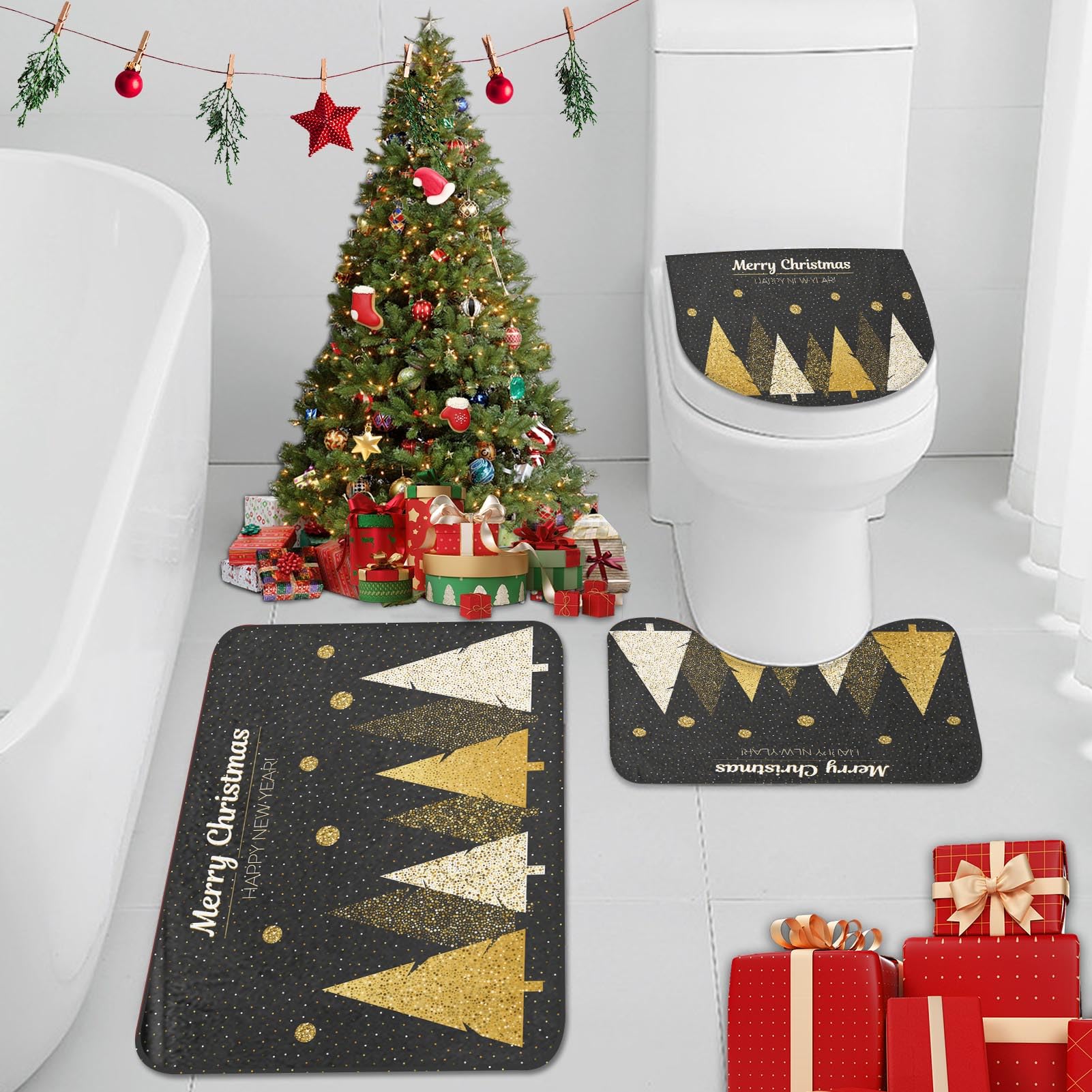 Photo 1 of Britimes Merry Christmas Tree Bathroom Rug and Mat Set 3 Piece, Gold Snowflake Winter Black Bathroom Rugs Non Slip, Absorbent Microfiber Memory Foam Bath Mat Machine Washable