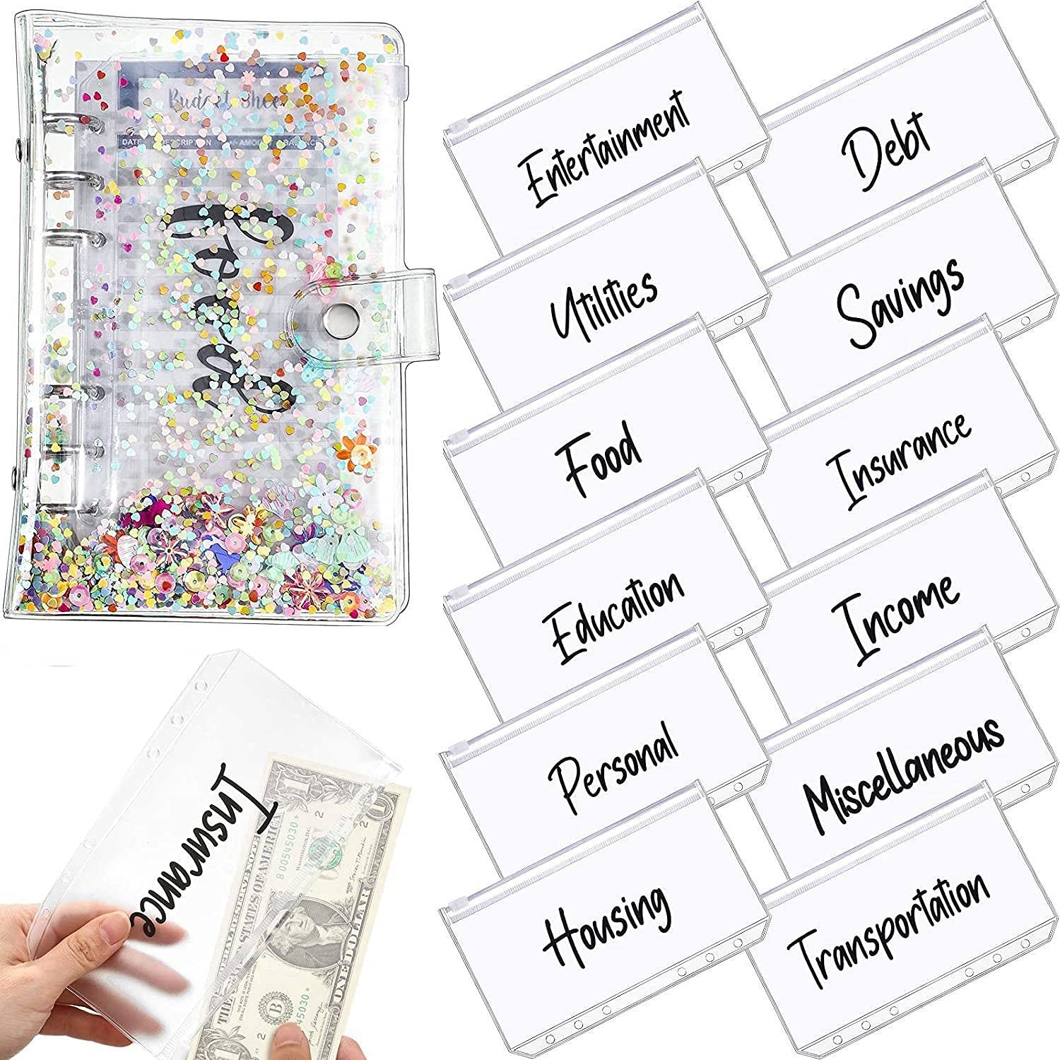 Fhdpeebu A6 Budget Binder Notebook Cover, Clear PVC 6-Ring Binder Cover Money Saving Wallet Pocket, with 12 Expense Budget Sheet 12 Translucent Budget Envelope 1 Transparent Card Pocket & 40 Labels