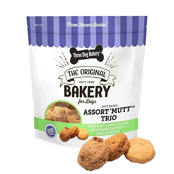 THREE DOG BAKERY ASSORT”MUTT” TRIO, 48OZ – DELICIOUS DOG TREATS WITH OATS, APPLE, PEANUT BUTTER & VANILLA, PREMIUM DOG TRAINING TREATS, PUPPY TREATS