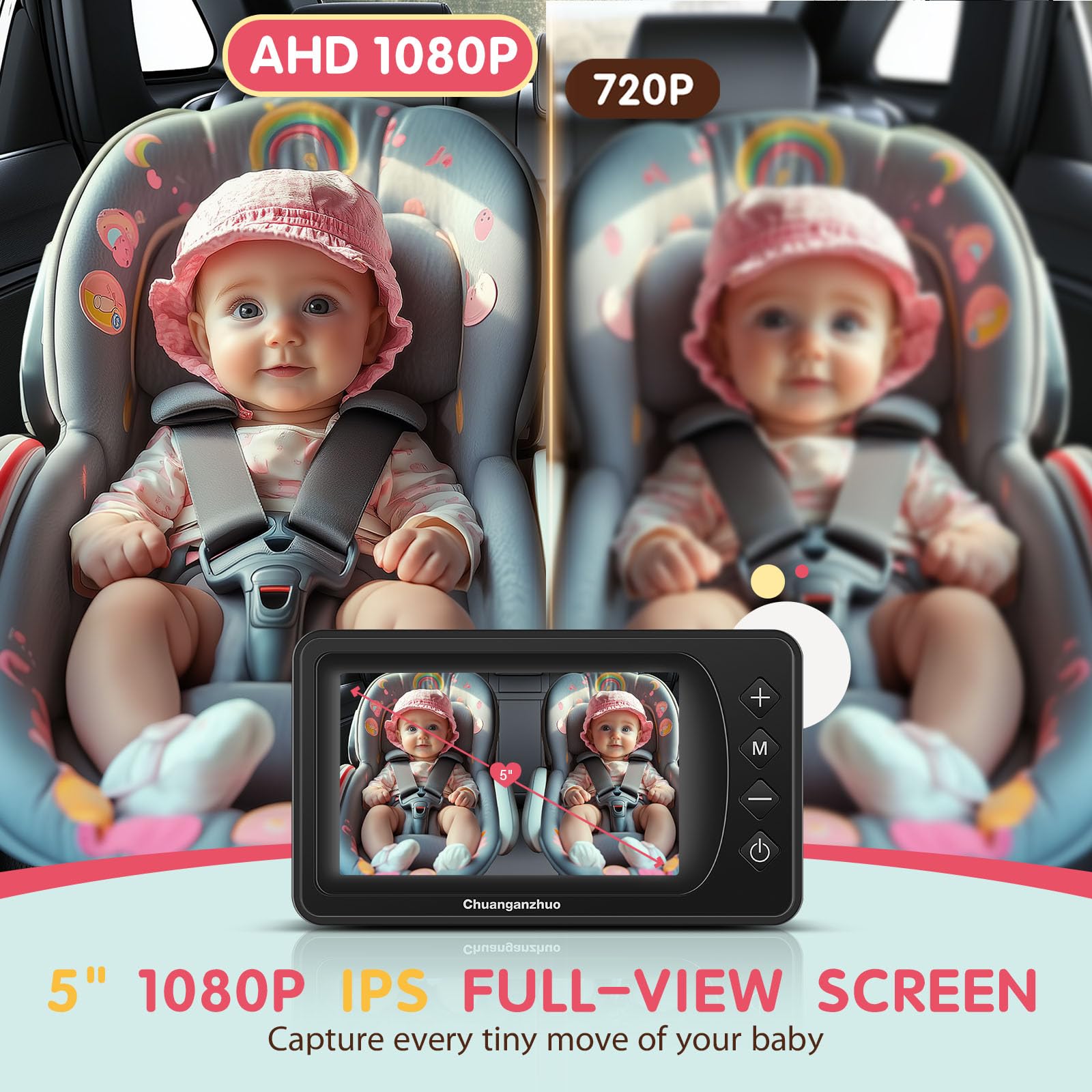 S100P Baby Car Camera with Ultra Night Vision, 5'' HD 1080P IPS Baby Car Monitor with 3X Zoom, Backseat/Carseat/Rear Seat Camera USB, Easy No-Damage Install, Safety for Infants and Pets (5inch Black)