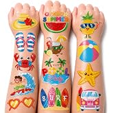 96 PCS Hello Summer Beach Pool Pre-Cut Temporary Tattoos for Kids | | Super Cute Themed Birthday Party Favors, Supplies, Decorations, Hawaiian Fake Tattoo Stickers, Gifts for Boys Girls
