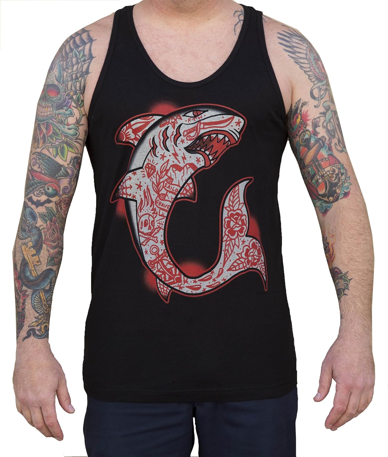 Men's Shark by Adi Tattooed Old School Tattoo Flash Art Tank Top T-Shirt Small