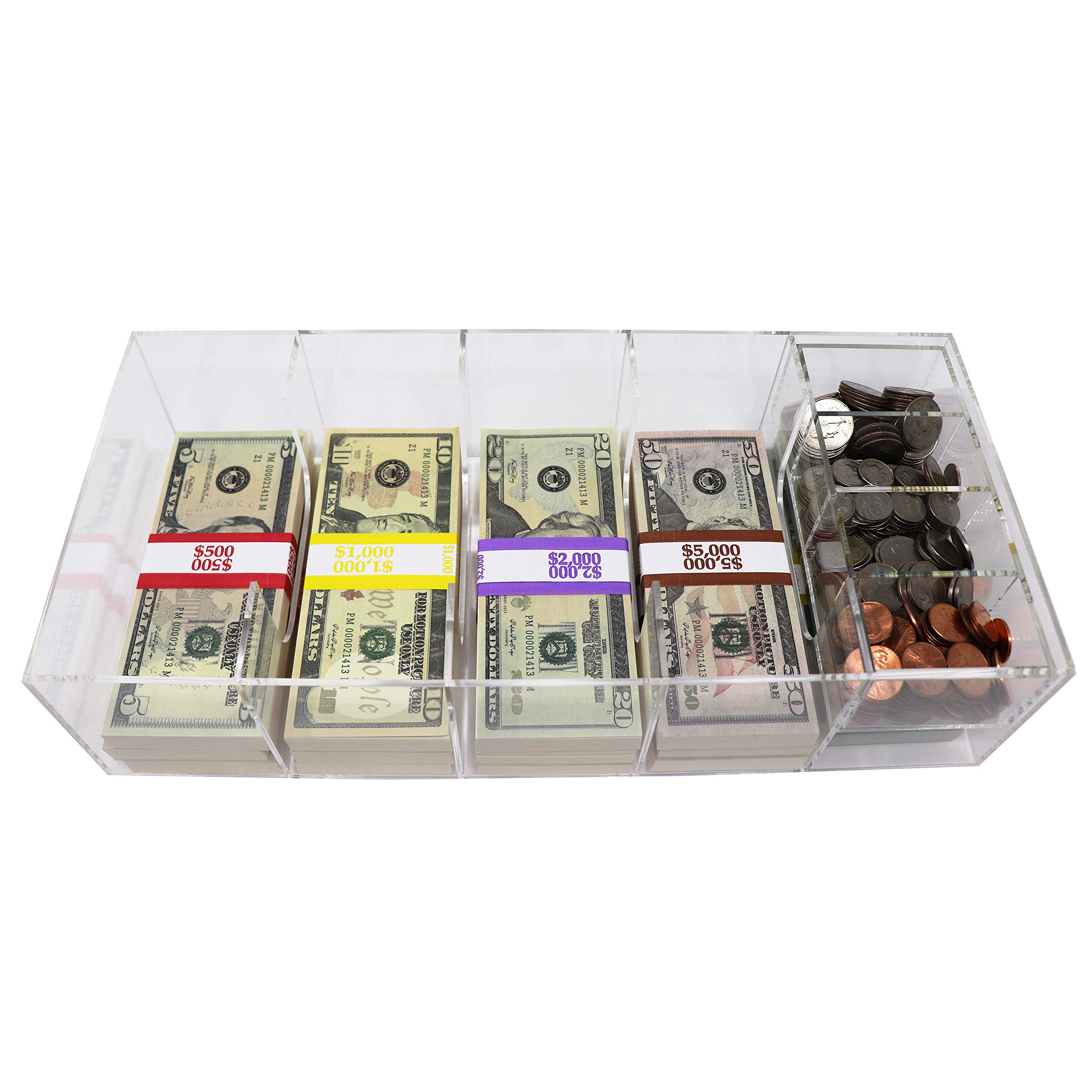 Photo 1 of Acrylic Money Tray with Coin Tray Insert, 5 Compartment Clear Cash Organizer Currency Money Storage Box, 300 Money Wrappers Included