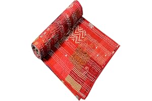Rajasthaniartdecor Indian Handmade Vintage Silk Sari Patola Ethnic Reversible Blanket Bedspread Throw Stitch Patchwork Kantha Quilt (Red, King 90x108 Inch)