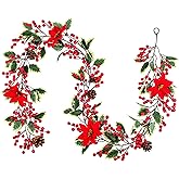 Mocoosy 6.3FT Red Berry Garland with Poinsettia, Artificial Christmas Holly Berry Vine, Winter Berry Christmas Decorations Indoor Outdoor Mantle Fireplace Window Door Hanging Holiday Xmas Home Decor