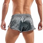 AMY COULEE Mens Sexy Satin Shorts Large Split Side Boxers Silky Pajamas Sleepwear with Pouch Liner