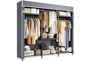 Raybee Clothes Rack with Cover, Clothing Racks for Hanging Clothes with Adjustble Shelves,Portable Closet Hold 800LBS for Bedroom, Basement,Garage, Space Saving, Black,15.74''D x 56.02''W x 75.4''H
