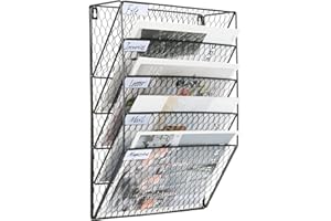 PAG Hanging Wall File Holder Office Wall Organizer Mail Sorter Metal Chicken Wire Literature Rack, 5-Tier, Black