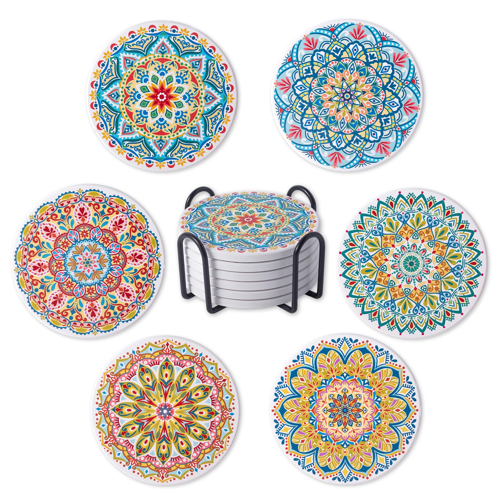STARUBY Drink Coasters Set of 6 Ceramic Coaster Beautiful Absorbent Coaster Drink Mat with Cork Base Flower2 Patterns Round Coaster Non Slip for Coffee,Beer,Mug,Wine Glass Bottle,Home and Bar